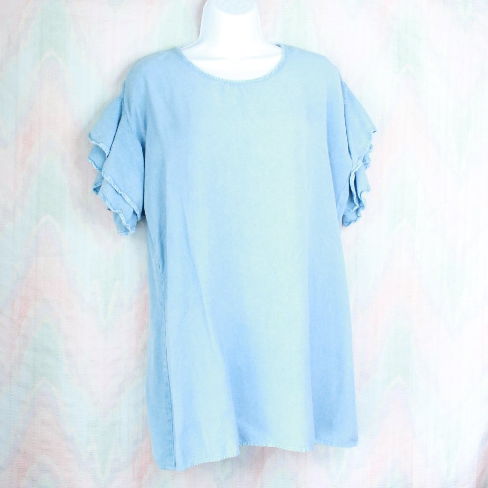 Super Soft Blue Ruffle Sleeve Rayon Tunic Blouse